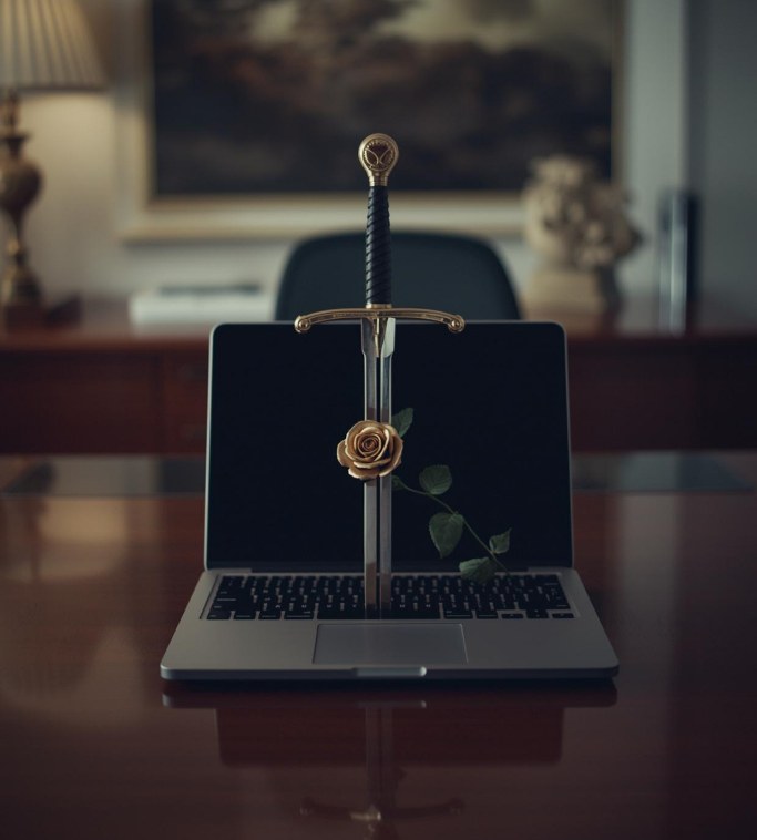 Laptop with sword and gold rose in an elegant office